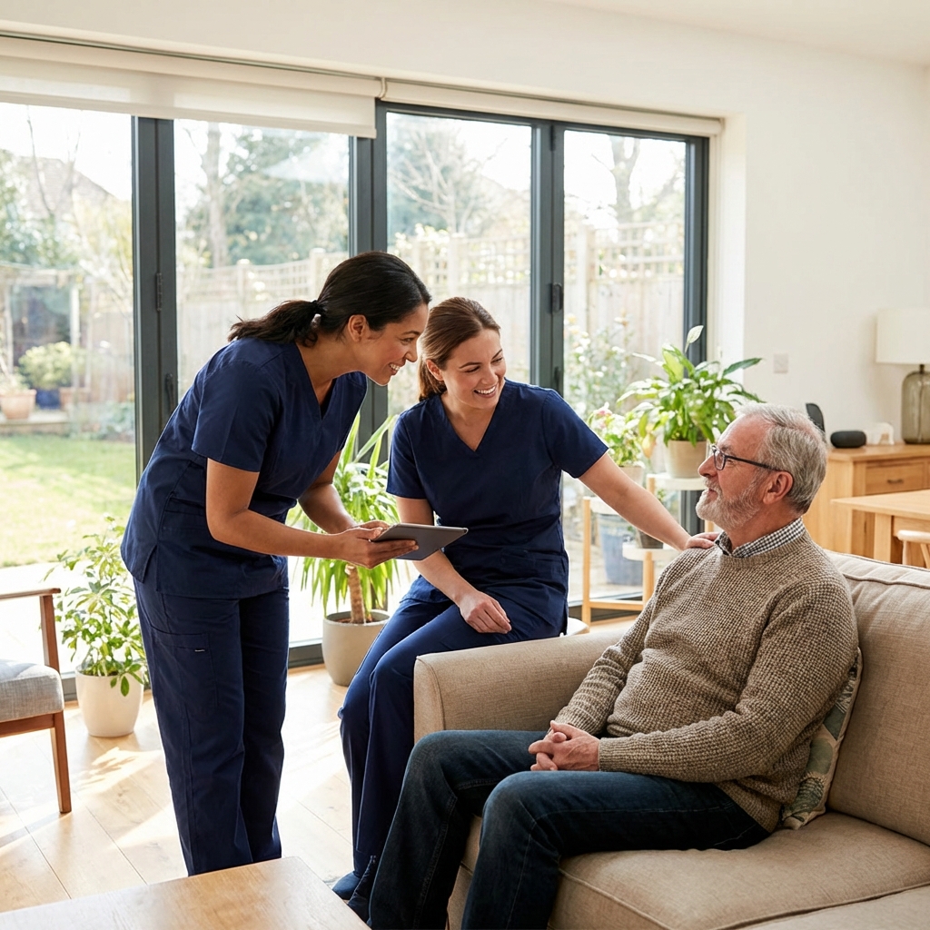 Professional caregivers assisting elderly residents in a comfortable living room